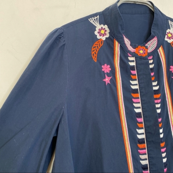 Prada Embroidered Peasant Blouse Floral Crochet 100% Cotton Navy Blue Colorful S - Picture 9 of 13